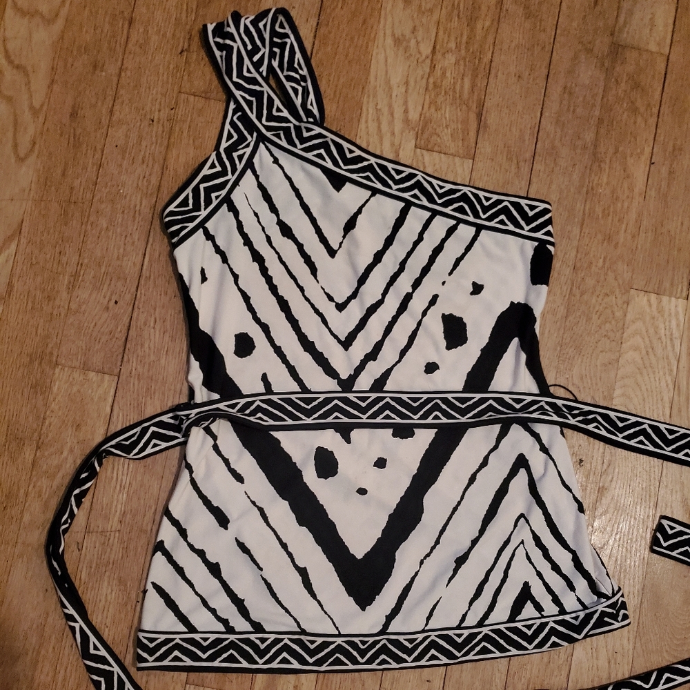Cream and Black BCBG MaxAzria One Shoulder Top